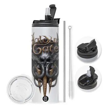 Baldur's Gate, Travel Tumbler 2 Lids, with metal straw & cleaning brush (Stainless steel 304 Food grade, BPA free, 600ml)