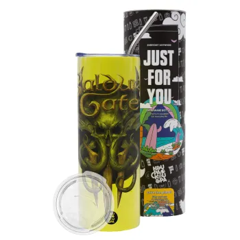 Baldur's Gate, Neon Yellow Travel Tumbler θερμό, μεταλλικό καλαμάκι(Ανωξείδωτο 304 Food grade, BPA free, 600ml)