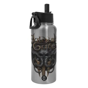 Baldur's Gate, Metal mug thermo Silver with Straw and Spout Lid (Stainless steel), double wall, 950ml