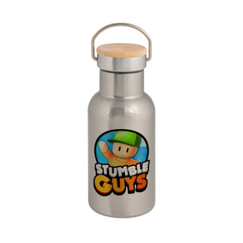 Stumble Guys, Stainless steel metallic thermos flask, silver with a bamboo lid, double-walled, 350ml.