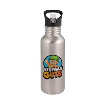 Stumble Guys, Water bottle Silver with straw, stainless steel 600ml