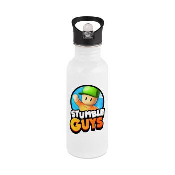 Stumble Guys, White water bottle with straw, stainless steel 600ml