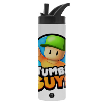 Stumble Guys, Metallic thermos bottle with straw & handle, stainless steel (Stainless steel 304), double-walled, 600ml.