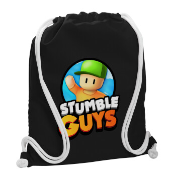 Stumble Guys, Τσάντα πλάτης πουγκί GYMBAG Μαύρη, με τσέπη (40x48cm) & χονδρά λευκά κορδόνια