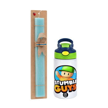 Stumble Guys, Easter Set, Children's thermal stainless steel bottle with safety straw, green/blue (350ml) & aromatic flat Easter candle (30cm) (TURQUOISE)