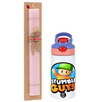 Stumble Guys, Πασχαλινό Σετ, Παιδικό παγούρι θερμό, ανοξείδωτο, με καλαμάκι ασφαλείας, ροζ/μωβ (350ml) & πασχαλινή λαμπάδα αρωματική πλακέ (30cm) (ΡΟΖ)