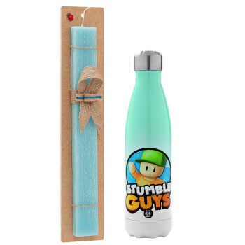 Stumble Guys, Easter Set, Metallic green/white thermos (Stainless steel), double-walled, 500ml & scented flat Easter candle (30cm) (TURQUOISE)