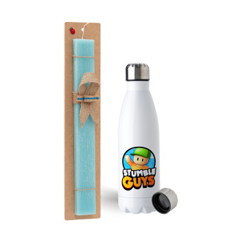 Stumble Guys, Easter Set, metallic stainless steel water bottle (750ml) & aromatic flat Easter candle (30cm) (TURQUOISE)