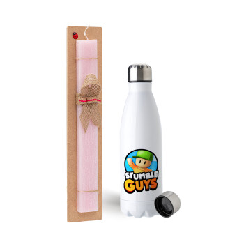 Stumble Guys, Easter Set, metallic stainless steel water bottle (750ml) & scented flat Easter candle (30cm) (PINK)