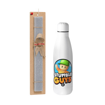 Stumble Guys, Easter Set, metallic stainless thermos bottle (500ml) & scented flat Easter candle (30cm) (GRAY)