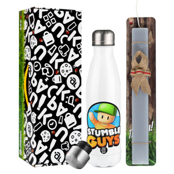 Stumble Guys, Easter candle, metallic white thermos bottle (500ml) & aromatic flat candle (30cm) (GRAY)