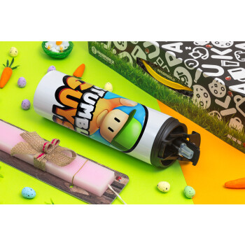 Stumble Guys, Easter candle,Travel Tumbler 2 Lids, with metal straw & cleaning brush & aromatic flat candle (30cm) (PINK)