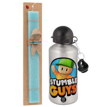 Stumble Guys, Easter Set, metallic silver aluminum water bottle (500ml) & scented flat Easter candle (30cm) (TURQUOISE)