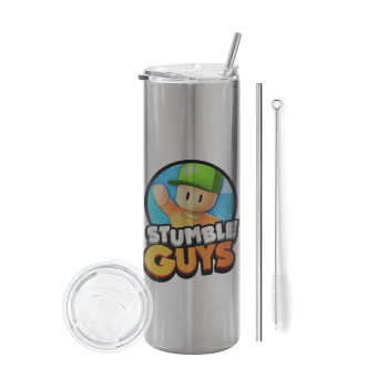 Stumble Guys, Eco friendly stainless steel Silver tumbler 600ml, with metal straw & cleaning brush