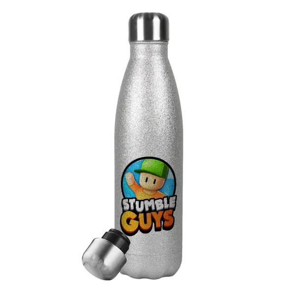 Stumble Guys — Metallic Glitter Silver Thermos Flask (Stainless steel), double-walled, 500ml