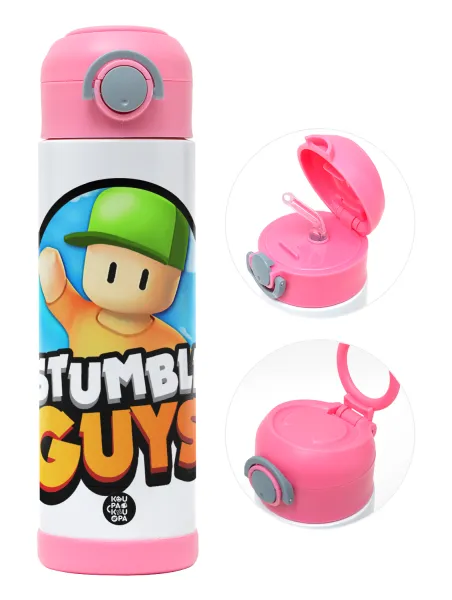 Stumble Guys — Children's hot water bottle, stainless steel, with safety straw, PINK (500ml)