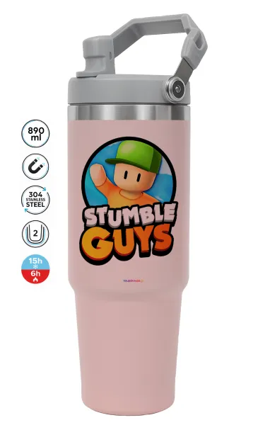 Stumble Guys — ΡΟΖ Travel Tumbler Θερμός με χερούλι και καλαμάκι 890ml