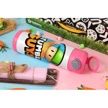 Stumble Guys, Easter candle, Childrens hot water bottle, stainless steel, with safety straw, PINK (500ml)