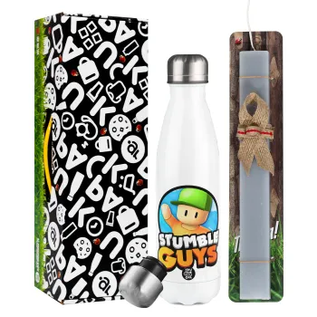 Stumble Guys, Easter candle, metallic white thermos bottle (500ml) & aromatic flat candle (30cm) (GRAY)