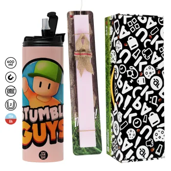 Stumble Guys, Easter candle,Travel Tumbler 2 Lids, with metal straw & cleaning brush & aromatic flat candle (30cm) (PINK)