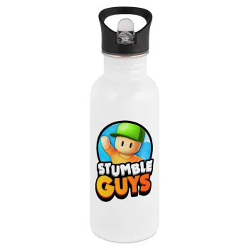 Stumble Guys, White water bottle with straw, stainless steel 600ml