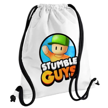 Stumble Guys, Τσάντα πλάτης πουγκί GYMBAG λευκή, με τσέπη (40x48cm) & χονδρά κορδόνια