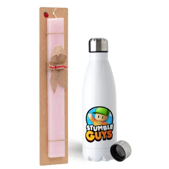 Stumble Guys, Easter Set, metallic stainless steel water bottle (750ml) & scented flat Easter candle (30cm) (PINK)