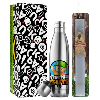 Stumble Guys, Easter Set, metallic stainless thermos flask (500ml) & scented flat Easter candle (30cm) (GRAY)