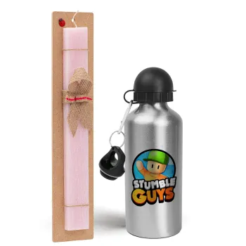 Stumble Guys, Easter Set, metallic Silver aluminum water bottle (500ml) & scented flat Easter candle (30cm) (PINK)