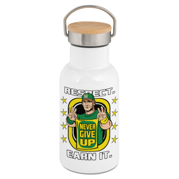 John Cena, Μεταλλικό παγούρι θερμός (Stainless steel) Λευκό με ξύλινο καπακι (bamboo), διπλού τοιχώματος, 350ml