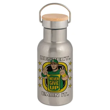 John Cena, Stainless steel metallic thermos flask, silver with a bamboo lid, double-walled, 350ml.
