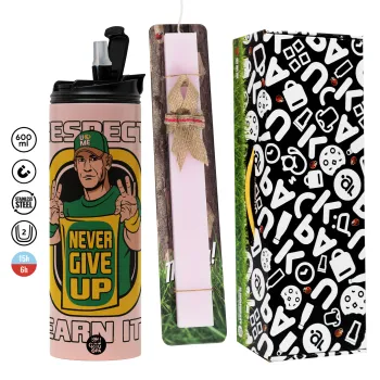 John Cena, Πασχαλινή Λαμπάδα με  ΡΟΖ Travel Tumbler θερμό (600ml, BPA free) & κερί αρωματικό πλακέ (30cm) (ΡΟΖ)