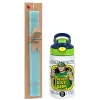 Easter Set, Children's thermal stainless steel bottle with safety straw, green/blue (350ml) & aromatic flat Easter candle (30cm) (TURQUOISE)