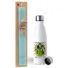 Easter Set, metallic stainless steel water bottle (750ml) & aromatic flat Easter candle (30cm) (TURQUOISE)