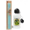 Easter Set, metallic aluminum water bottle (500ml) & scented flat candle (30cm) (TURQUOISE)
