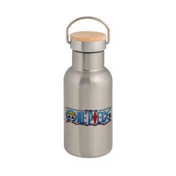 Onepiece logo, Stainless steel metallic thermos flask, silver with a bamboo lid, double-walled, 350ml.
