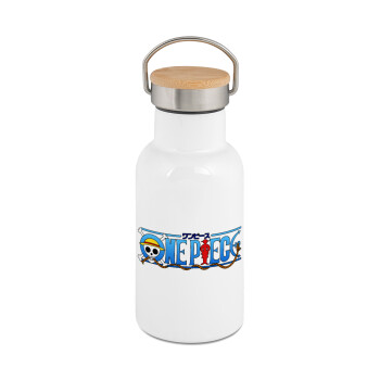 Onepiece logo, Μεταλλικό παγούρι θερμός (Stainless steel) Λευκό με ξύλινο καπακι (bamboo), διπλού τοιχώματος, 350ml
