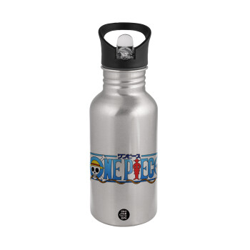 Onepiece logo, Water bottle Silver with straw, stainless steel 500ml