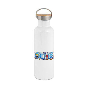 Onepiece logo, Stainless steel White with wooden lid (bamboo), double wall, 750ml