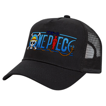 Onepiece logo, Trucker Hat with Mesh, Black, (COTTON, KIDS, UNISEX, ONE SIZE)