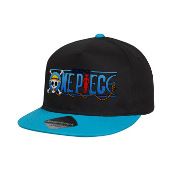Onepiece logo, Καπέλο παιδικό Flat Snapback, Μαύρο/Μπλε (100% ΒΑΜΒΑΚΕΡΟ, ΠΑΙΔΙΚΟ, UNISEX, ONE SIZE)