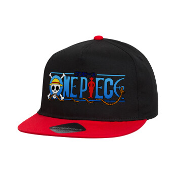 Onepiece logo, Children's Flat Snapback Hat, Black/Red (100% COTTON, CHILDREN'S, UNISEX, ONE SIZE)