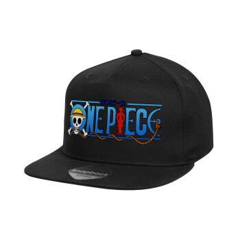 Onepiece logo, Καπέλο παιδικό Flat Snapback, Μαύρο (100% ΒΑΜΒΑΚΕΡΟ, ΠΑΙΔΙΚΟ, UNISEX, ONE SIZE)