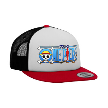 Onepiece logo, Καπέλο Ενηλίκων Foam Flat Snapback με Δίχτυ Κόκκινο-Λευκό-Μαύρο (POLYESTER, ΕΝΗΛΙΚΩΝ, UNISEX, ONE SIZE)