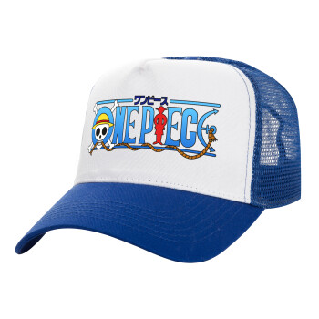 Onepiece logo, Adult Structured Trucker Hat, with Mesh, WHITE/BLUE (100% COTTON, ADULT, UNISEX, ONE SIZE)