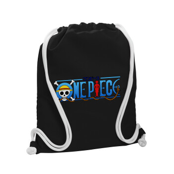 Onepiece logo, Backpack pouch GYMBAG Black, with pocket (40x48cm) & thick white cords