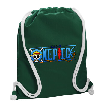 Onepiece logo, Τσάντα πλάτης πουγκί GYMBAG BOTTLE GREEN, με τσέπη (40x48cm) & χονδρά λευκά κορδόνια