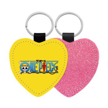 Onepiece logo, Μπρελόκ PU δερμάτινο glitter καρδιά ΡΟΖ