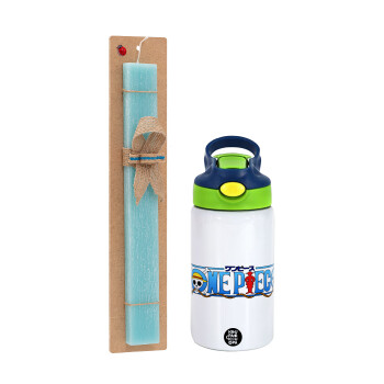Onepiece logo, Easter Set, Children's thermal stainless steel bottle with safety straw, green/blue (350ml) & aromatic flat Easter candle (30cm) (TURQUOISE)