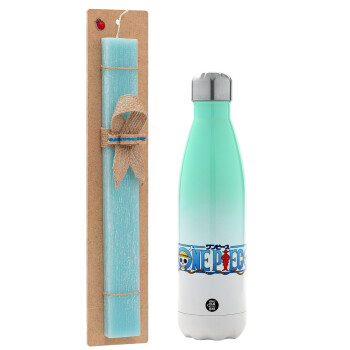 Onepiece logo, Easter Set, Metallic green/white thermos (Stainless steel), double-walled, 500ml & scented flat Easter candle (30cm) (TURQUOISE)